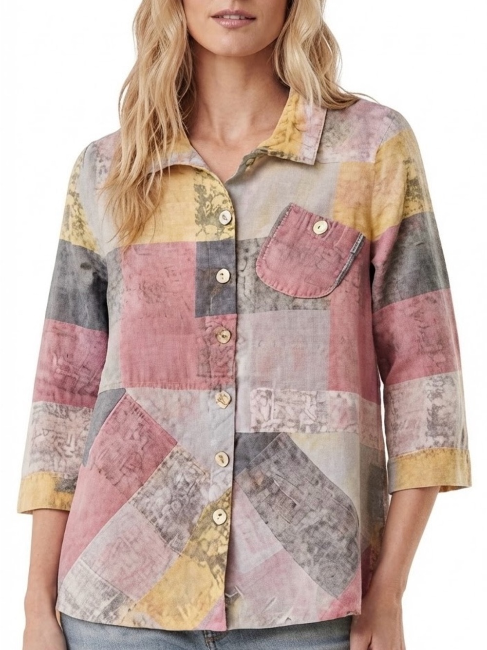 John Mark Pastel Patchwork Button-Front Shirt in Pink, Yellow, Gray